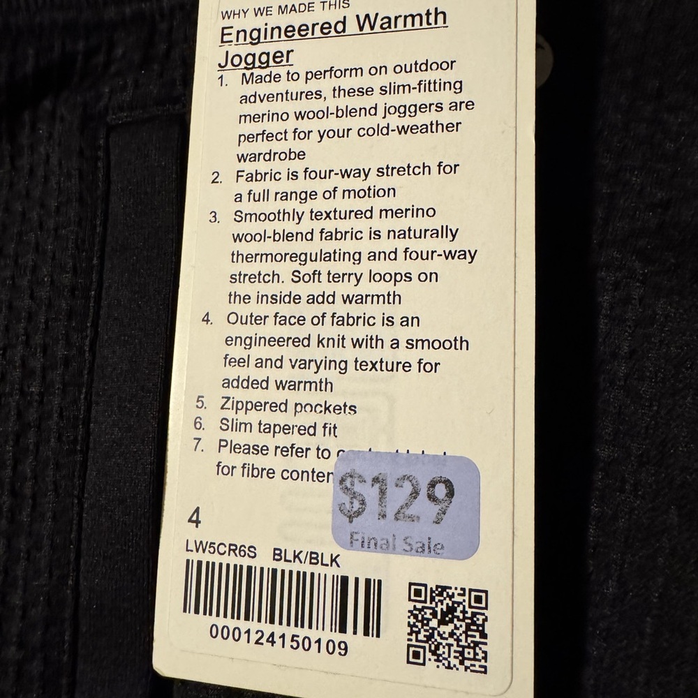 NEW Black Lululemon Engineered Warmth Jogger size 4 - Picture 2 of 4